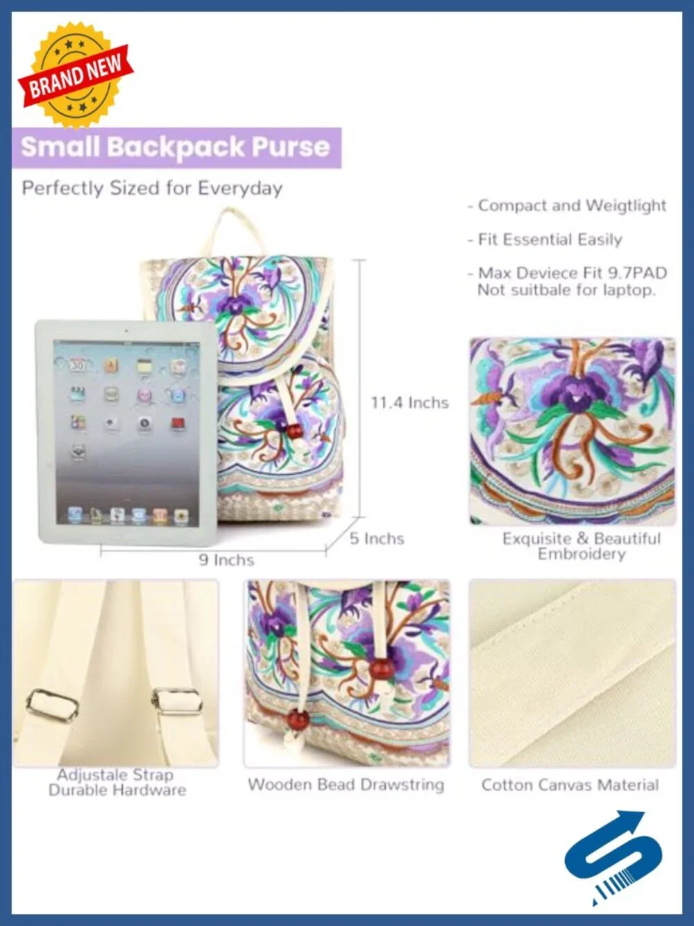 Embroidered Boho Mini Backpack Purse for Women Canvas Daypack